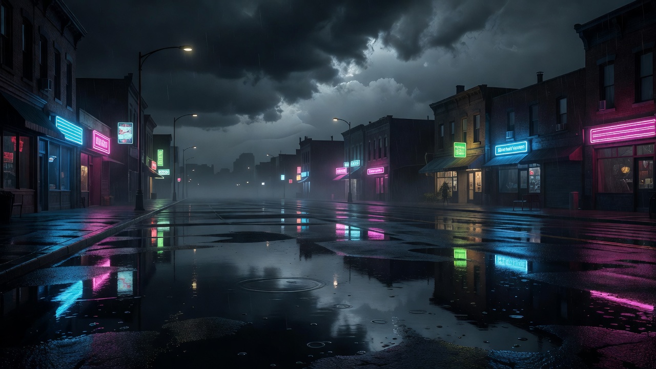 Atmospheric neon lit street with classic puddle reflections under dark rainy clouds
