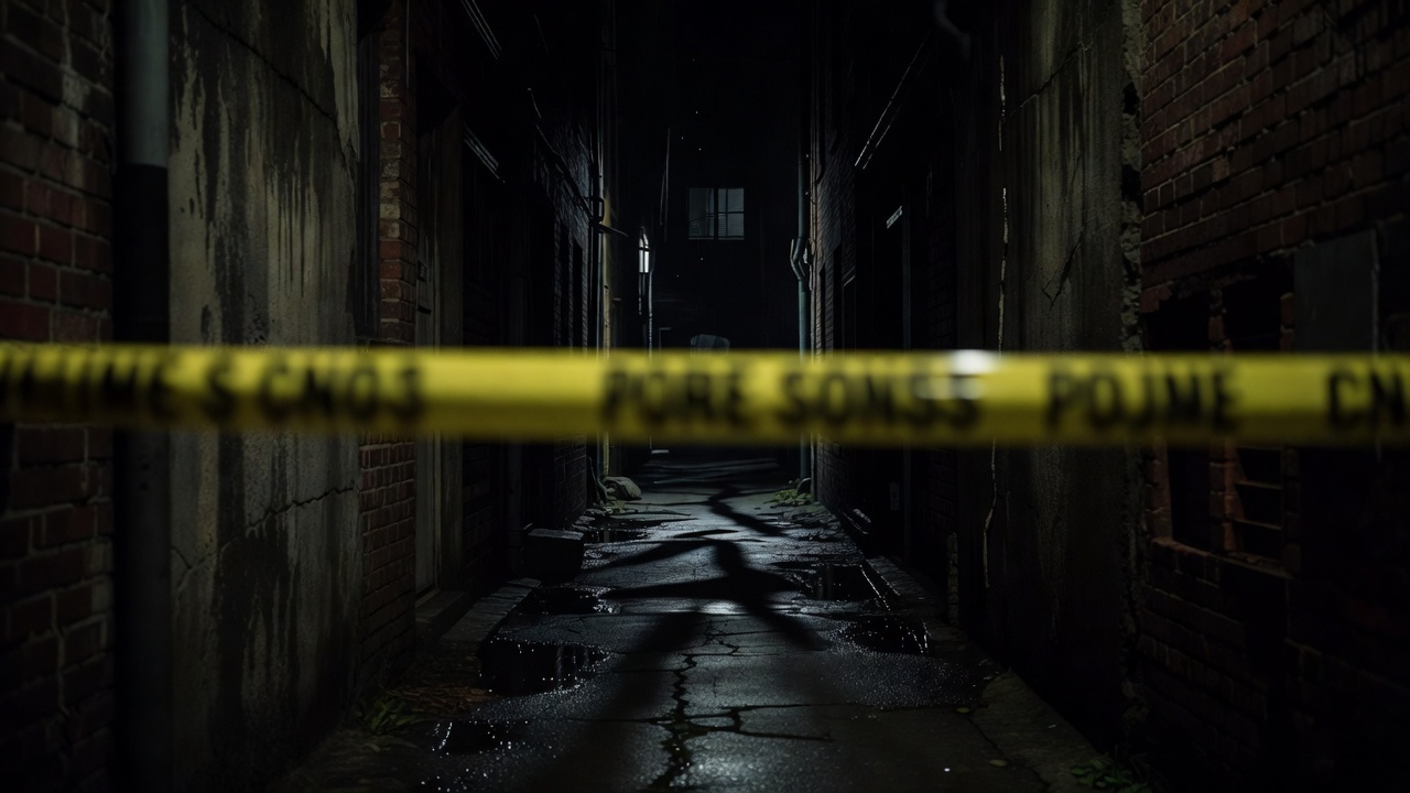 Blurred yellow crime scene ribbon tape blocking off an dark alleyway