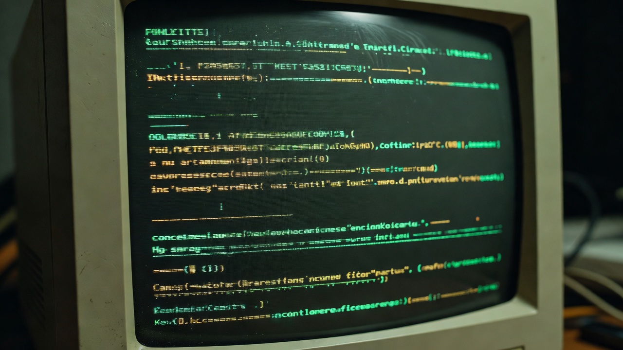 Extreme close up of code terminal lines running on an old CRT desktop