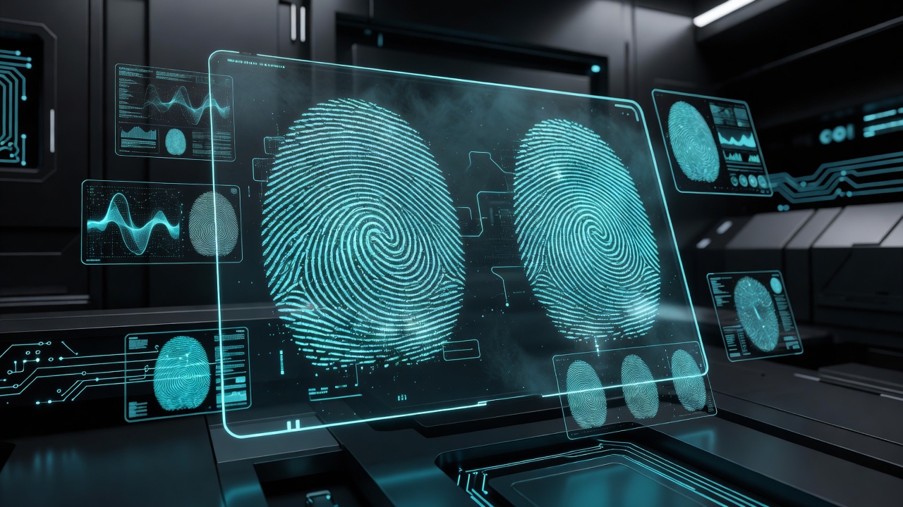 Futuristic cyber interface system detailing digital fingerprint scans in cyan