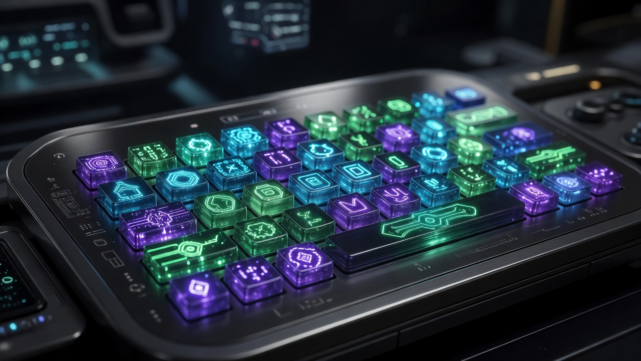 Glowing technological console with futuristic game interface keys