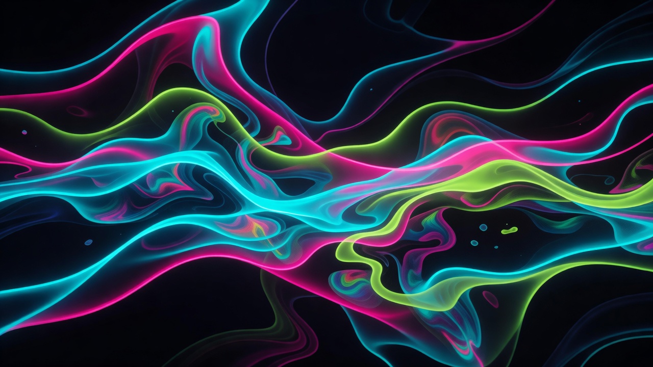 High contrast neon waves glowing under fluid patterns on dark background