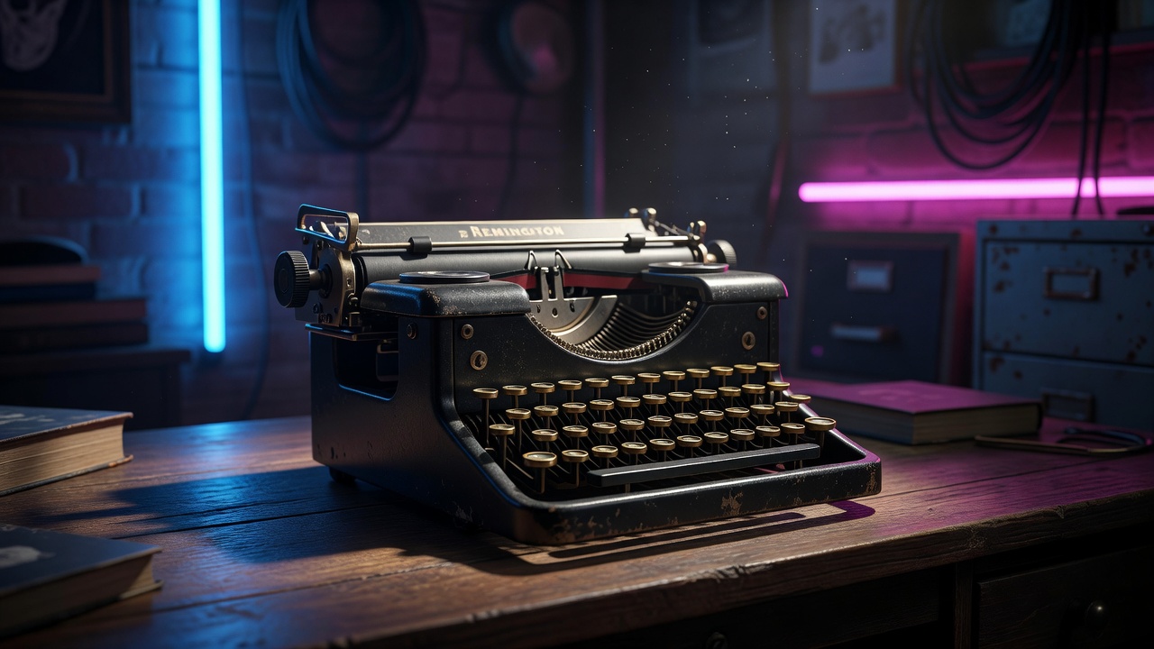 Retro vintage typewriter glowing under modern neon lights in a dim studio